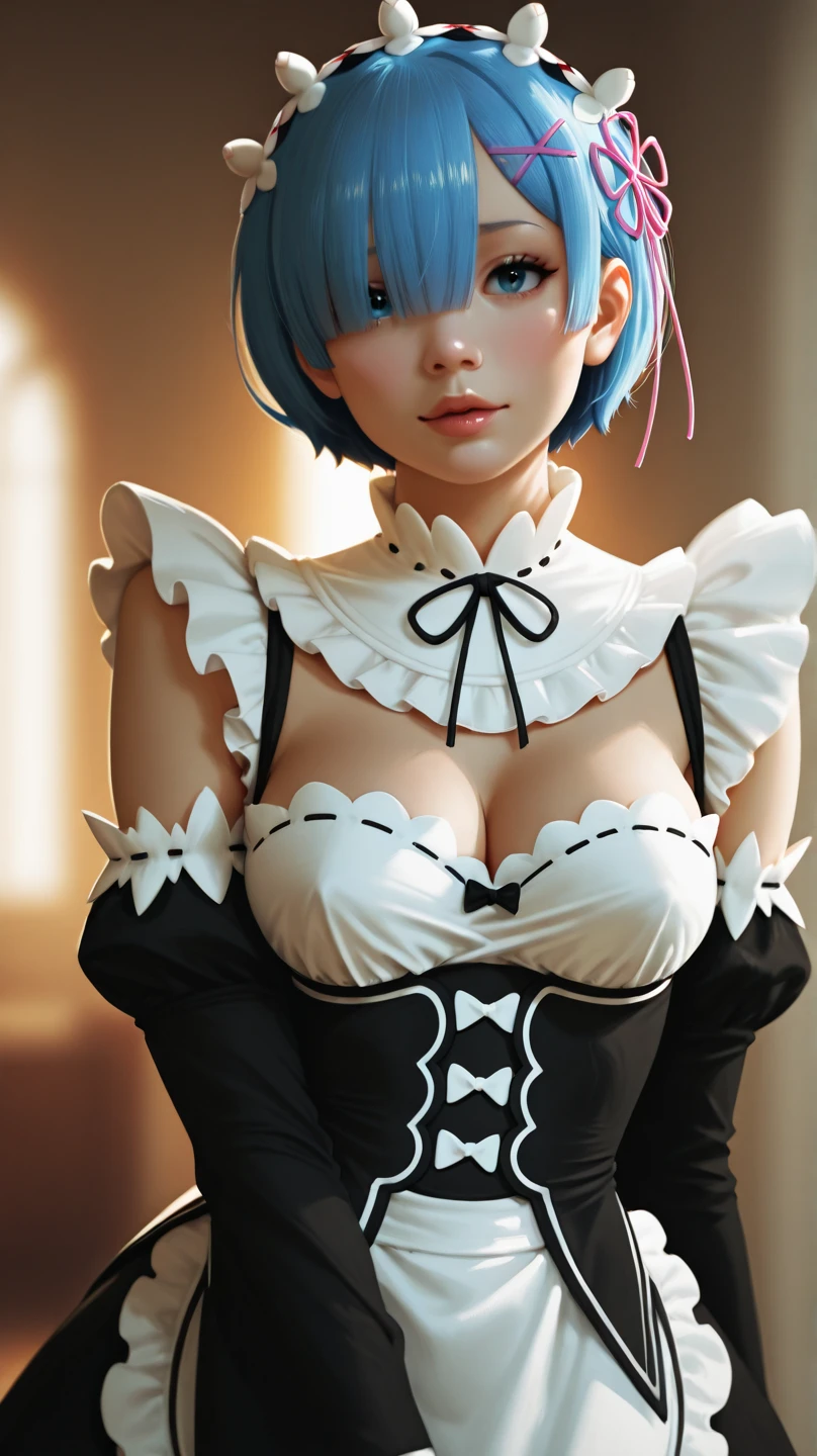 highres, sharp focus, pixiv masterpiece, ((intricate details)), highly detailed, upper body, adult, rem_re_zero, lip filler, arms folded, pouting, street, blue hair, short hair, loose maid uniform, hair ornament, cleavage, maid headdress, detached sleeves, ribbon,