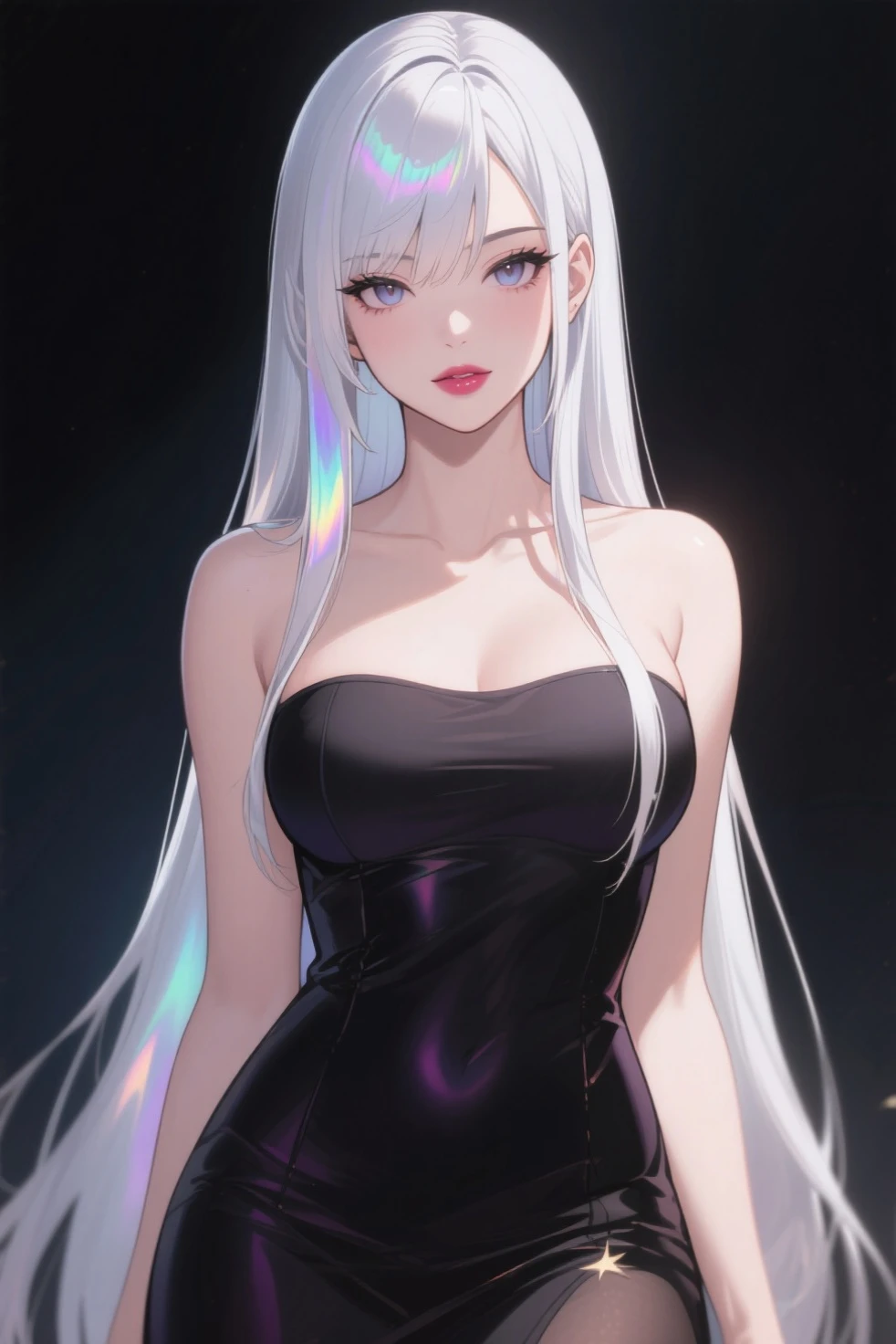 No panties, No clothes, Woman with open legs, White hair, a purple eye,is shy,exposing her chest,The kinky is exposed