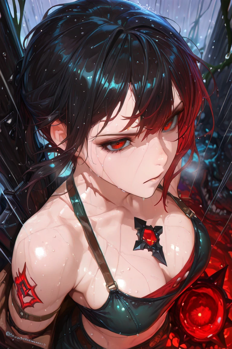 ((top quality, Very delicate, masterpiece)), (A detailed face,) ((detailed look:1.8, Highlighted red eyes)), full body, young adult, black hair, red hair ends, airy hair, half up, Seductive smile, Athletic, ((sunglasses, choker, earrings, tattoo)), (Very large breasts), wet skin:1.5 ,(red tank top bikini), Night pool, showcasing cleavage, Seductively Posing, high angle:1.5, looking up,