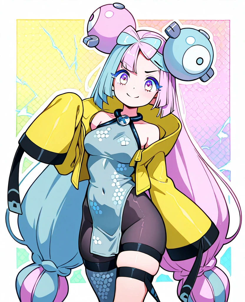 masterpiece, best_quality, 1girl, solo, puniru \(puniru wa kawaii slime\), puniru wa kawaii slime, gradient hair, bangs, green eyes, double bun, mini hat, half body down melting, big boobs,Highneck swimsuit,