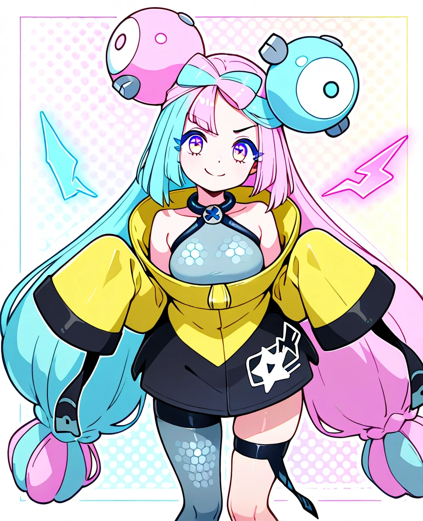 Young girl with long pink hair with blue locks red eyes with filled blue and white small circles in the shapes of red circles, huge