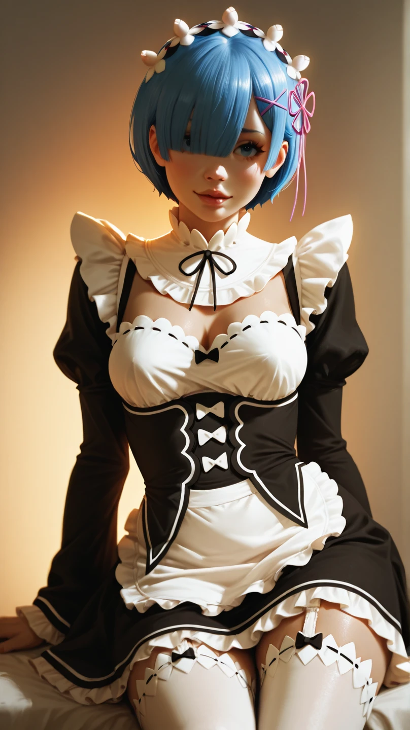 masterpiece, top-quality, Hi-Res, (((((((Evil Fall))))))), (((((((Leotard))))))), (Hollow eyes), (((Colossal tits))), (((neck tie))), Remu, ((Enamel material)), ((Glossy material)), 1girl in, 独奏, (((Standing picture))),Remu(Re:Life in another world starting from scratch), Blue hair, white thighhig, (((short-hair))), blue eyess, Hair above one eye, ((frilld)), ((garter strap)),full-body view,
