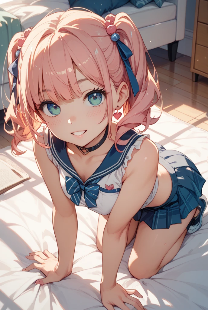 black pantyhose,loli,sailor,skirt,cute,on stomach,,pink hair,twintails,,shy,medium breasts,see through