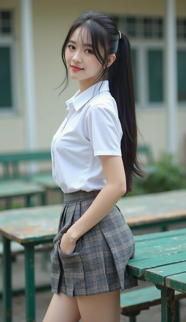 best quality, natural lighting, masterpiece, 1 girl, perfect beautiful face, (photo photo:1.3), edge lighting, photography lighting, (high detail skin:1.2), 8k ultra hd, DSLR, high quality, high resolution, white skin, detailed textured skin, 3/4 body in frame, sexy posing, poker face, perfect propotion face, symetric face, eye level shot, 4k, 8k, bokeh, absurd, best ratio four fingers and one thumb, (realistic:1.3), beautiful detailed girl, cute 1girl, dark-brown hair, ponytail, long hair, bangs, volume hairs, collosal-breast, full looking breast, projecting breast, slim waist, slender, small thighs, perfectly proportion, university background, detailed background, mahalaiuniform, white shirt short sleeves, black pencil skirt, black pleated skirt