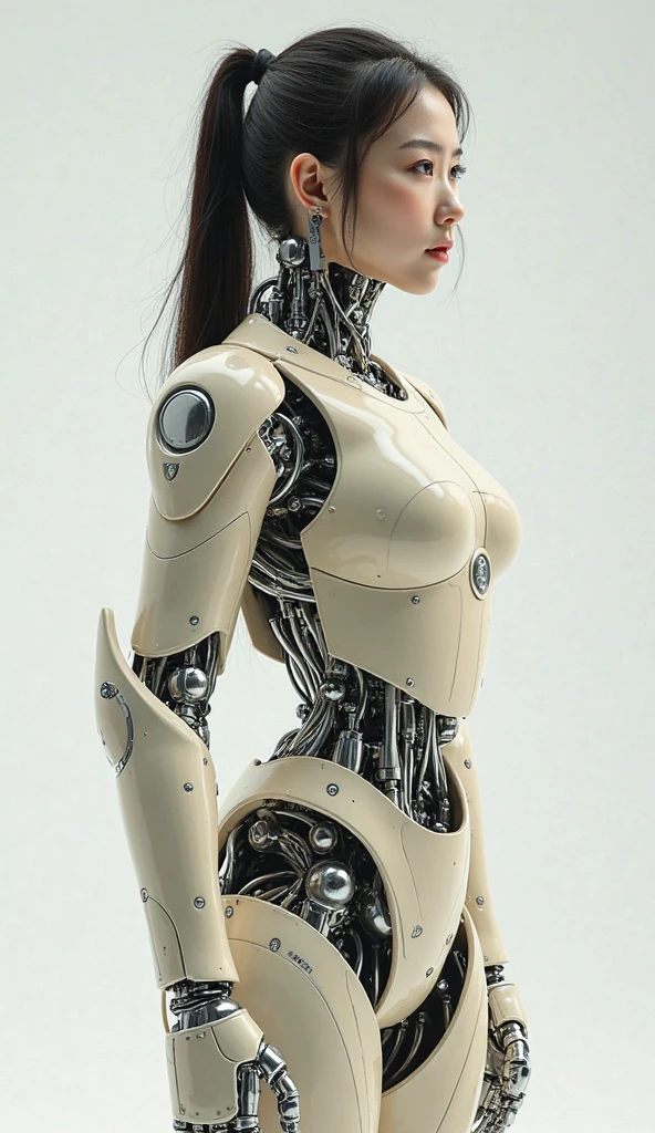 masterpiece, best quality, extremely detailed, Japaese android girl,Plump , control panels,android,Droid,Mechanical Hand, Robot arms and legs, Black hair,Blunt bangs,perfect robot girl,long tube,thick cable connected her neck,android,robot,humanoid,cyborg,japanese cyborg girl ,robot-assembly plant,She is assembling now,assembly scene