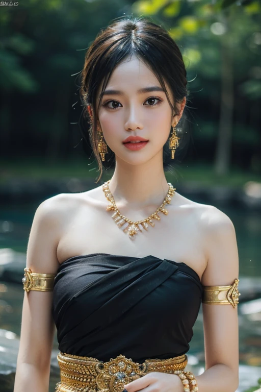 beautiful girl ,Thai Women&#39;s Warriors, walking at thai measure, dynamic poses, Thai Chut Set, Strapless shirt, long ponytail,black eyes,abdominal muscles, plump body, rounded breast, (big breast:1.3), rift, morning sun, staring at the audience, (sexy poses), ((face details)), Double eyelids, finished, realistic, Masterpiece, Highest quality, lens flare, shade, old measure, measure, [[Chromatic aberration]], By Jeremy Lipking, By Antonio J.. Manzanedo, digital painting, HDR, high contrast
