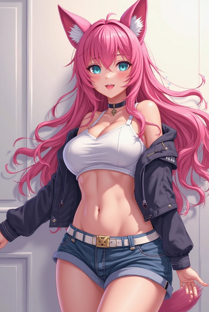 最high quality、best image quality、masterpiece、girl((20-year-old、 By becoming、vest bust、medium bust,wide open breast tea、shining eyes, neon hair、long hair、thin,highest valley、Damaged Denim Shorts、black navel shirt、Damaged Denim Jacket、smile、full body tattoo,diamond earrings、Wristband、necklace、I have headphones、leaning forward、elation、have a controller、lean against the wall)),high quality、beautiful art、background((game room、red lighting、green lighting、virtual))、Flight、debris flies、Depth of written boundary、movie、visual art、perfect art、8k,genuine、