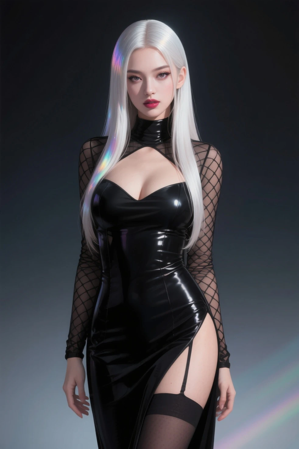 1girl,beautiful vintage color, instagram (photorealistic, high resolution:1.4), ((puffy eyes)), looking at viewer, , full body (8k, RAW photo, best quality, masterpiece:1.2), (realistic, photo-realistic:1.37),(sharp focus:1.2), professional lighting, photon mapping, radiosity, physically-based rendering, (pale skin:1.2),(small breasts:1.2), looking at viewer, (middle hair:1.5), portrait, purple eyes, (sliver hair:1.1),bangs, (simple background:1.4), solo, upper body, realistic,(masterpiece:1.4),(best quality:1.4),(shiny skin),fashi-girl,makeup,smile(skinny,closed mouth,shy :1.3) ,(standing,black Stewardess uniform,Necromancer:1.1),medium bust,sexy pose ,