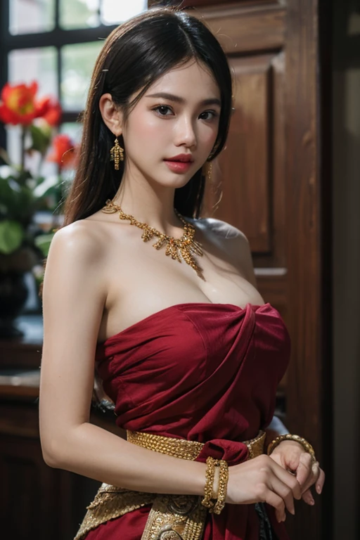 (masterpiece:1.3), (bestquality:1.3), (Realistic:1.3), (photorealistic portrait:1.4), (extremely complex:1.3), (exquisitely detailed skin), vibrant colours, shallow depth of field, ultra-high resolution, 10, UHD, Hyper-Realistic, perfect anatomy, best shadows, ray tracing, delicate, intricate detailed, RAW photo, HDR, crisp focus, front-view, cowboy shot, 1girls, bara, (large boobs:1.3), White skin, random hairstyle, Beautiful woman wearing Sabai with Linevichit style, Linevichit Design, linekanok background, Linekanok style, (Black and red clothing:1.3), Hair ornaments, lipgloss, eye shadow, jewelry, earrings, looking at the audience, naughty face, Naughty smile, Dynamic Poses, scenery, outdoor, thai temple, thai architecture, scenary,