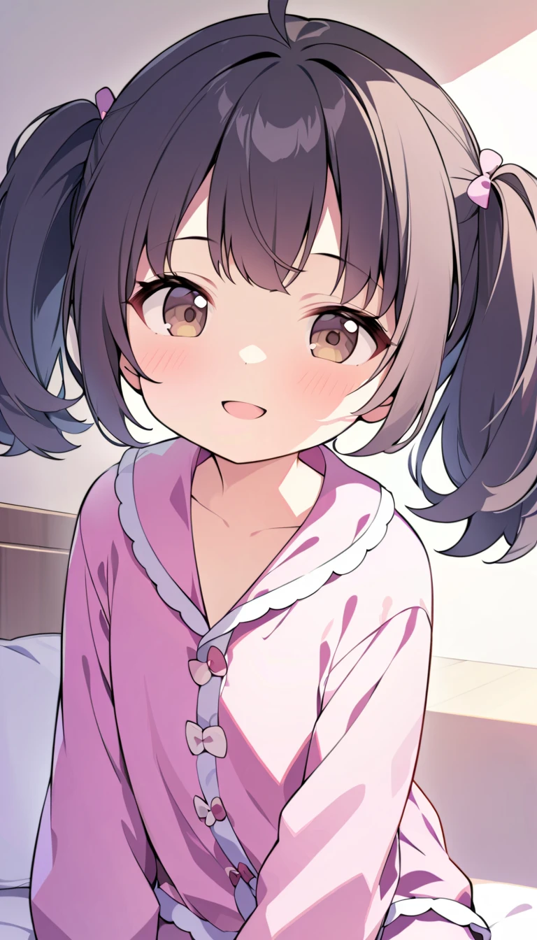((masterpiece, best quality, absurdres, ultra detailed, 8K,)) a girl, medium hair, twintail, brown hair, purple eyes,pink pajamas, front view, cowboy shot, (from above),BREAK, fear, embarrassed, looking at viewer, with tears in eyes, wariza,blue hair ribbons,on bed,in bedroom,