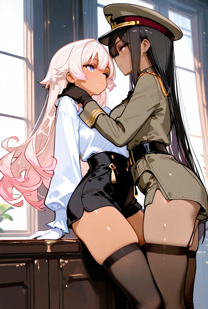 BREAK Perfect Anatomy、(High resolution:1.2)、Incredible illustrations、(Cute illustrations:1.2)(nsfw)
(Beautiful background,(on the couch))(netorare,yuri,multiple girls,dutch angle)
2gial((((blonde hair,shiny hair,hair intakes:1.8,long hair,gleaming skin)))(doyagao)(a girl,, 1.4meters, 35kg),17-year-old,flat chest))(Black coat,Combat Uniform,SILKthong,slut,,garter straps,Eye patch),
((gradient grey hair,shiny hair,hair intakes:1.8,Dark Skin:1.6)(doyagao)(a girl,height 1.7meters, 40kg),,17-year-old))
(Black coat,ゴシック風Combat Uniform,SILKthong,slut,,garter straps,eyepatch:1.8,oversized clothes) half undress)a girl kissing a girl.rape:2.5,BDSM:1.5reverse upright straddle,