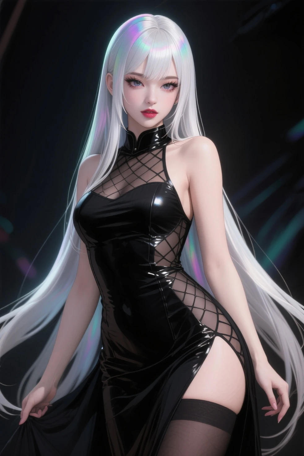 1girl,beautiful vintage color, instagram (photorealistic, high resolution:1.4), ((puffy eyes)), looking at viewer, , full body (8k, RAW photo, best quality, masterpiece:1.2), (realistic, photo-realistic:1.37),(sharp focus:1.2), professional lighting, photon mapping, radiosity, physically-based rendering, (pale skin:1.2),(small breasts:1.2), looking at viewer, (middle hair:1.5), portrait, purple eyes, (sliver hair:1.1),bangs, (simple background:1.4), solo, upper body, realistic,(masterpiece:1.4),(best quality:1.4),(shiny skin),fashi-girl,makeup,smile(skinny,closed mouth,shy :1.3) ,(standing,black Stewardess uniform,Necromancer:1.1),medium bust,sexy pose ,