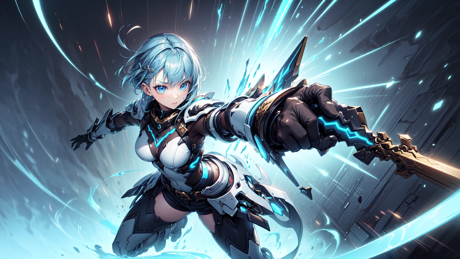 Create an image of a gentle girl with short, silvery-blue hair wearing a fitted, high-collar, long-sleeved shirt with glowing runic patterns, slim-fit cargo pants, fingerless gloves with LED strips, articulated knee guards, and sturdy, glowing-trim combat boots; she has a high-tech headband, (nude:0.8) a silver necklace with a crystal pendant, and a wrist-mounted holographic projector, and she is generating a large, translucent energy shield with intricate, glowing blue patterns, standing in a dynamic yet gentle pose with a dark, dramatic background illuminated by blue light and energy waves, detailed gorgeous face| anime style| key visual| intricate detail| highly detailed| breathtaking| vibrant| panoramic| cinematic| Carne Griffiths| Conrad Roset| gibbli 8