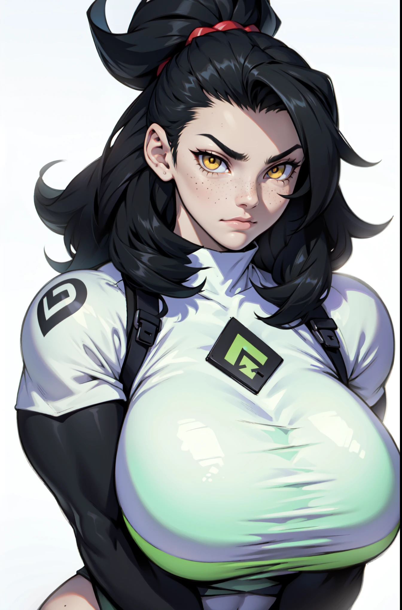 sad pale ((muscular)) girl large breasts black hair yellow eyes long hair