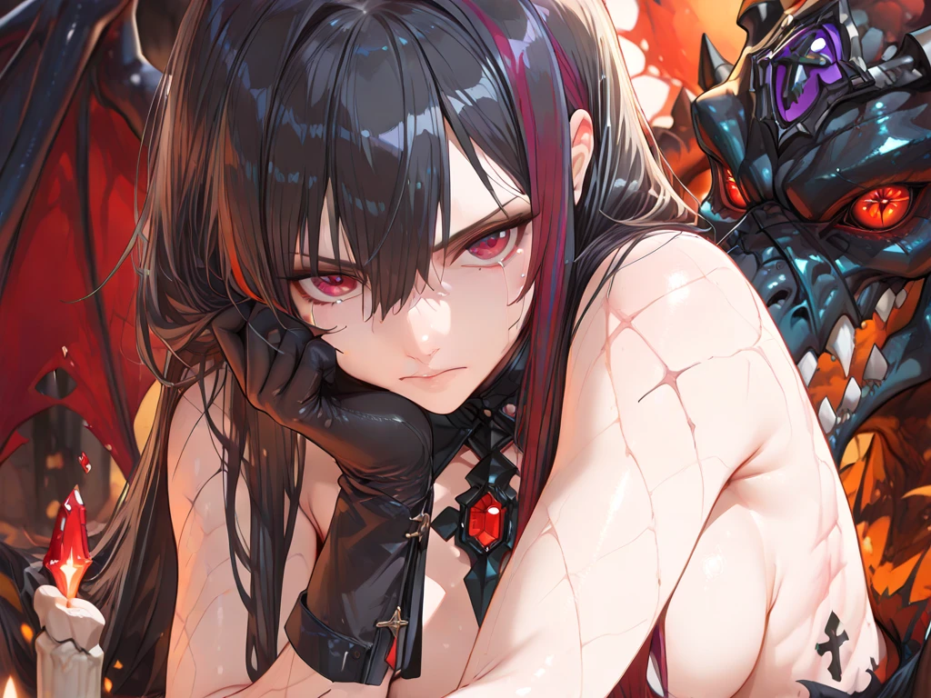 {{masterpiece}}, ((Highest quality, Very detailed, 8k, Best Quality Unity)), ((tattoo, Tattoo)), One person, whole body, Black nails, Half-undressed, Long black hair, choker, Earrings, spike, Large Breasts, 黒jacket, Sitting, Bright red lipstick