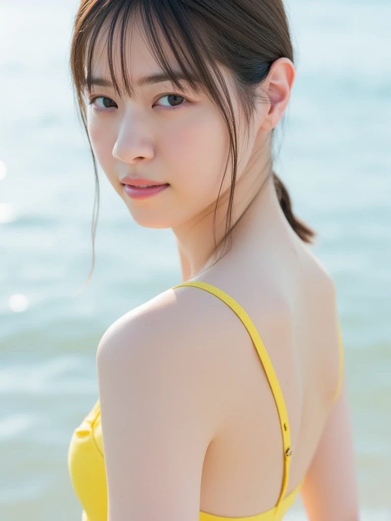 (masterpiece), (Highest quality), (Very detailed),(Disheveled Hair),(shape), (One Girl), (bikini), Are standing, Fashion Model, View your audience, (interview), (Beach),Beautiful details, Delicate and beautiful face, floating,(High chroma),(Colorful splashes),Colorful bubbles,(The Shining), Focus on the face, Hair Ring, Floating Flowers, Floating Hair, (The Shining), Best lighting, Best Shadow,