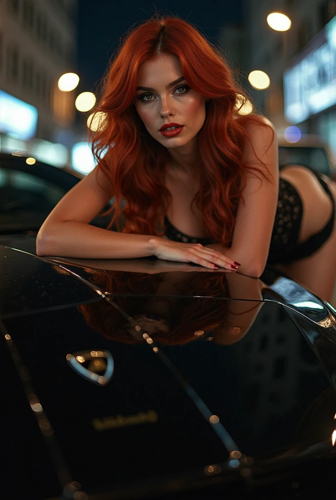 Caucasian female, Red hair, medium body, sexly, eyes browns, de lingeri preta em cima de uma porshi


 

