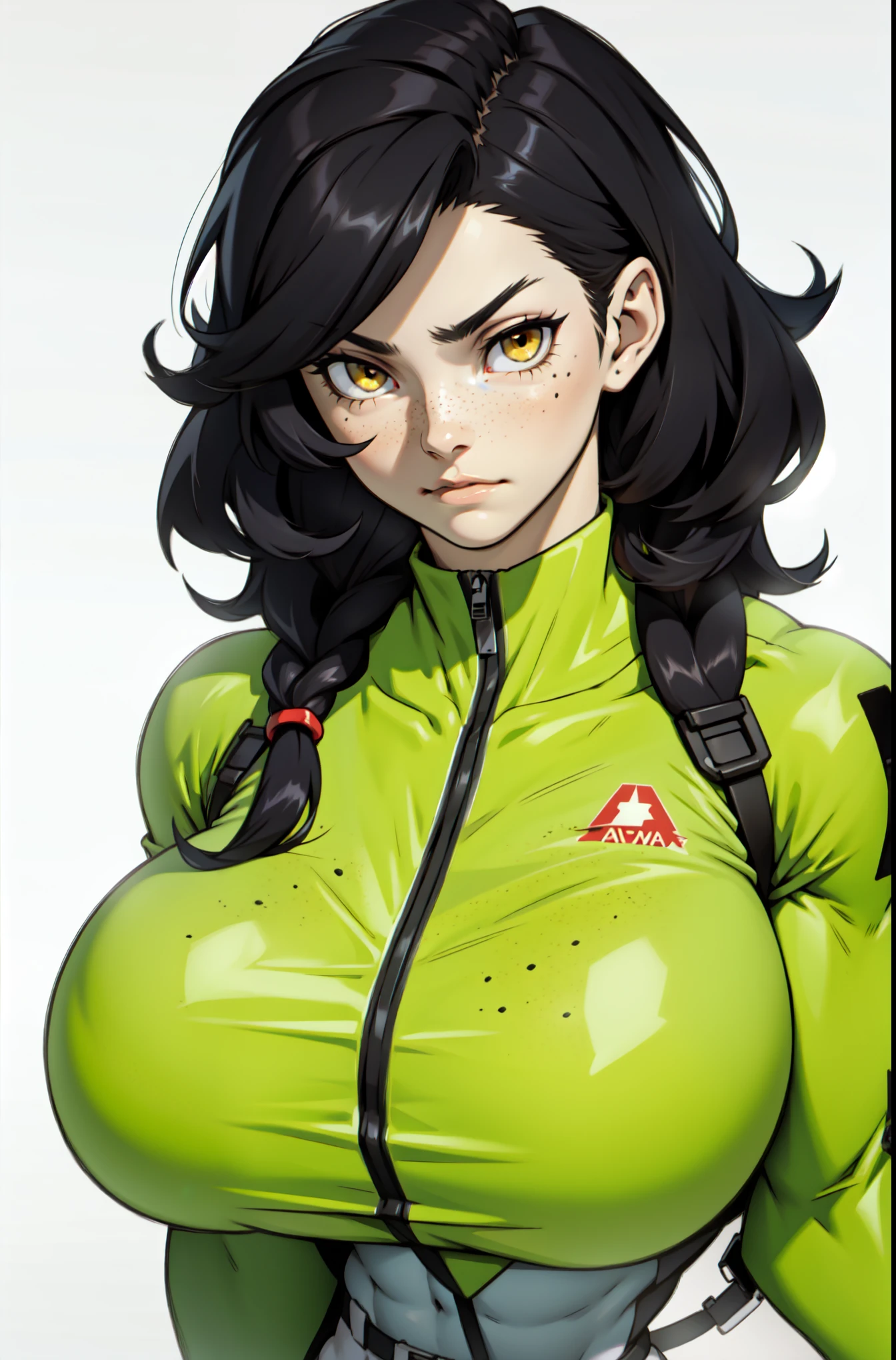 perfect anatomy muscular girl big breasts empty eyes embarrassed black hair yellow eyes pale skin