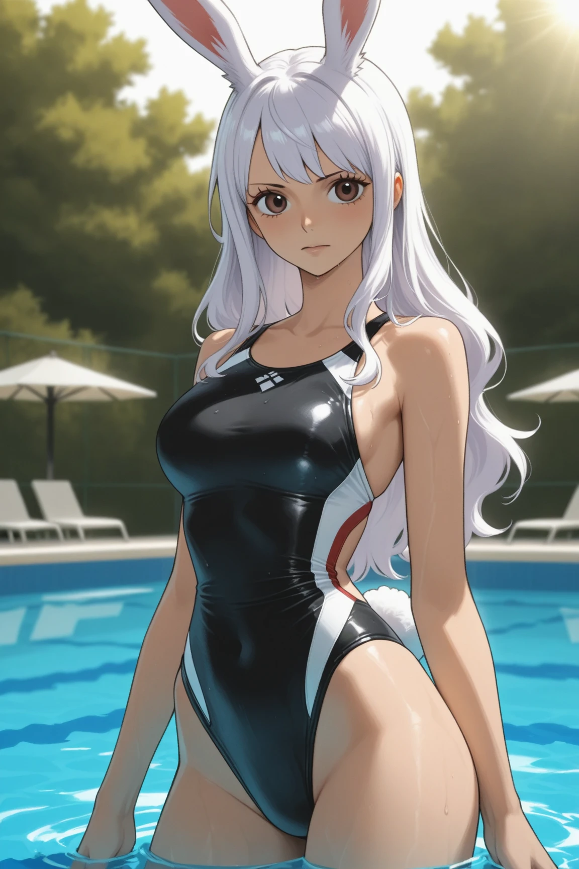 highest quality、Realistic、Silver Hair、Light blue eyes、Long Hair、One piece swimsuit、Tanned black body、A well-trained body、muscle、athlete、Tan Skin、Brown black skin、slender、boyish、Sweat、smile、Ocean、Cowbo Shot