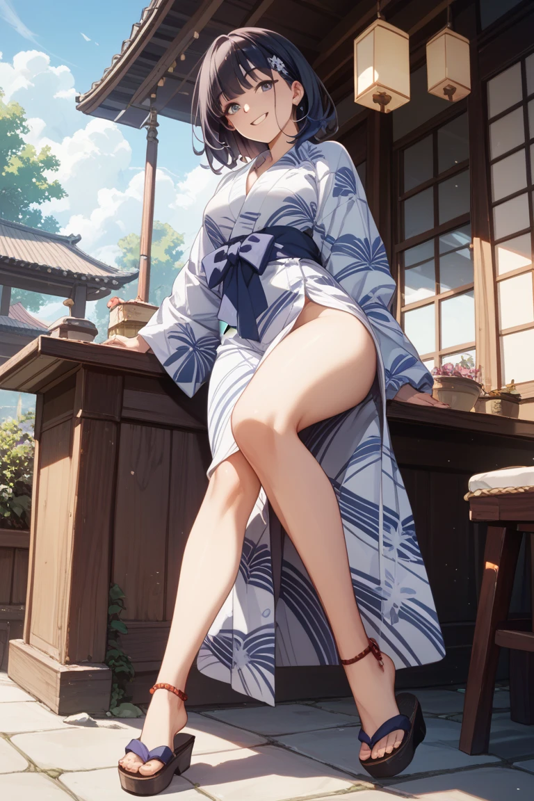 ((highest quality、High resolution、8K、masterpiece:1.3))、dynamic angle、wallpaper、1 girl、unparalleled beauty、ultimate beauty、super detailed face、delicate eyes、smile shyly、sexy look、Depth of bounds written、light particles、side light、ponytail、silver hair、shrine maiden、shrine maiden服、shrine maiden装束、white kimono、red hakama、(Lifting the skirt with both hands)、((She shyly lifts up her skirt and shows her white panties.))、Open chest、big breasts、cleavage、thighs、slim、slender、Old castle at night