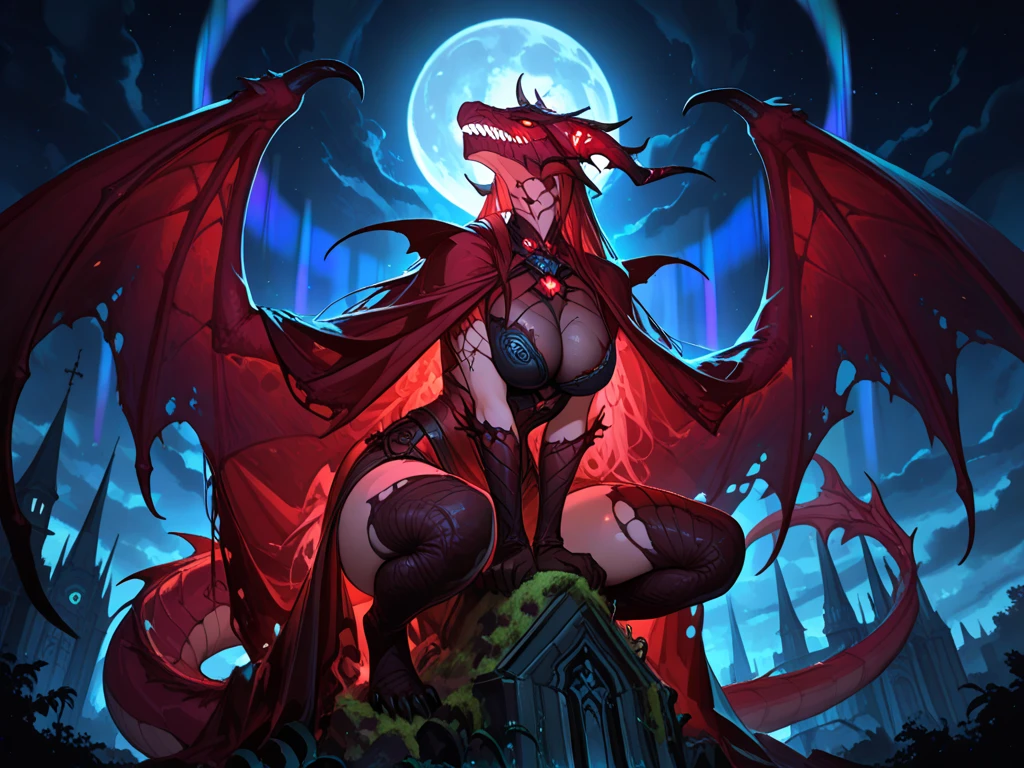 vampire Empress, extremely long red hair, (gigantic tits:1.2) (cleavage:1.2) red lingerie, long legs, skinny body, standing on cliff, full moon, horror atmosphere, hyper detailed anime art