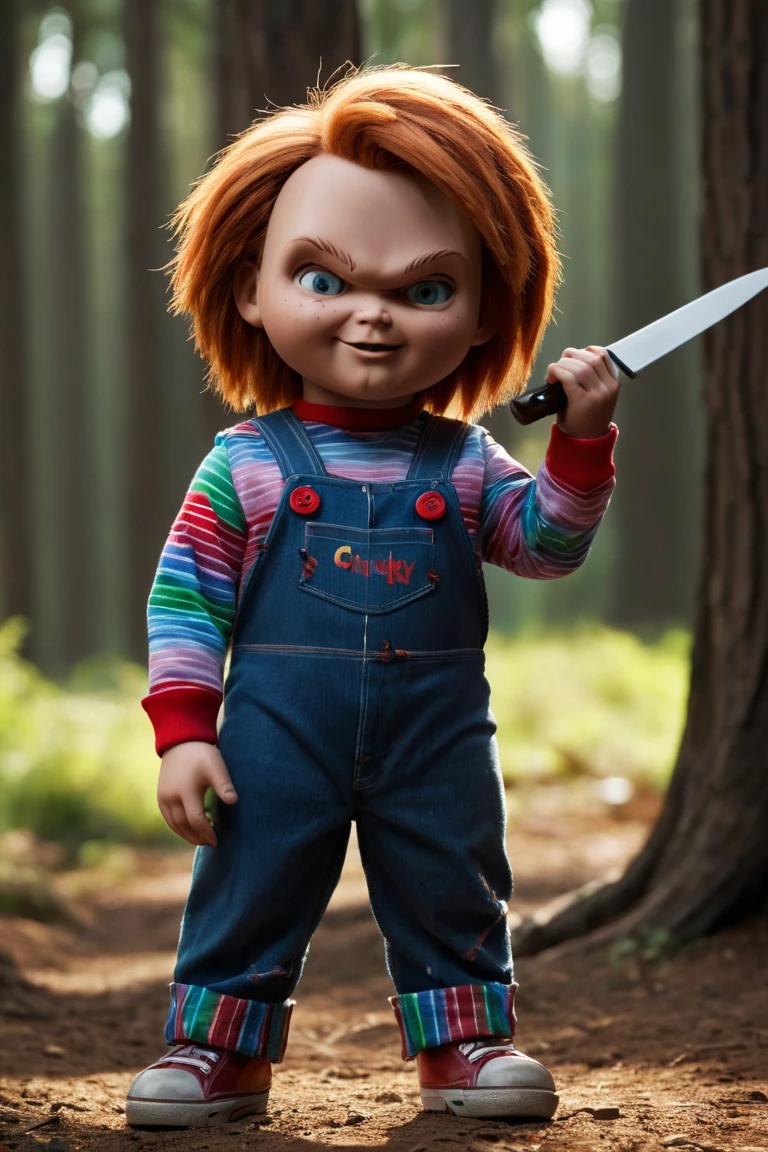 cinematic film still of  
Chucky,Charles Lee "Chucky" Ray,Adversary,horror,Tree Savannah,doll,Animatronics,a cartoon character Holding a knife and a knife in his hand,solo,Smiling,1 boy,Holding,focusing on men,red hair, striped ,old clothes,（（knifeに血））,knife,dual wheeling, striped  shirt,Denim Overalls,stitch
, Shallow Depth of Field, vignette, Highly detailed, High budget, Bokeh, cinemascope, Sulky, amazing, beautiful, フィルムグRayン, recording studio,PODCAST NEON SIGNS,MICROPHONE AND MICROPHONE GUARD,