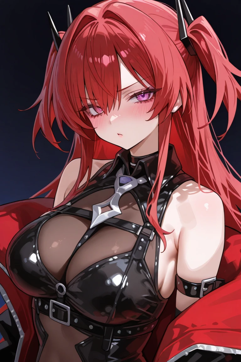 A red haired woman with red eyes is posing in bikini armor
