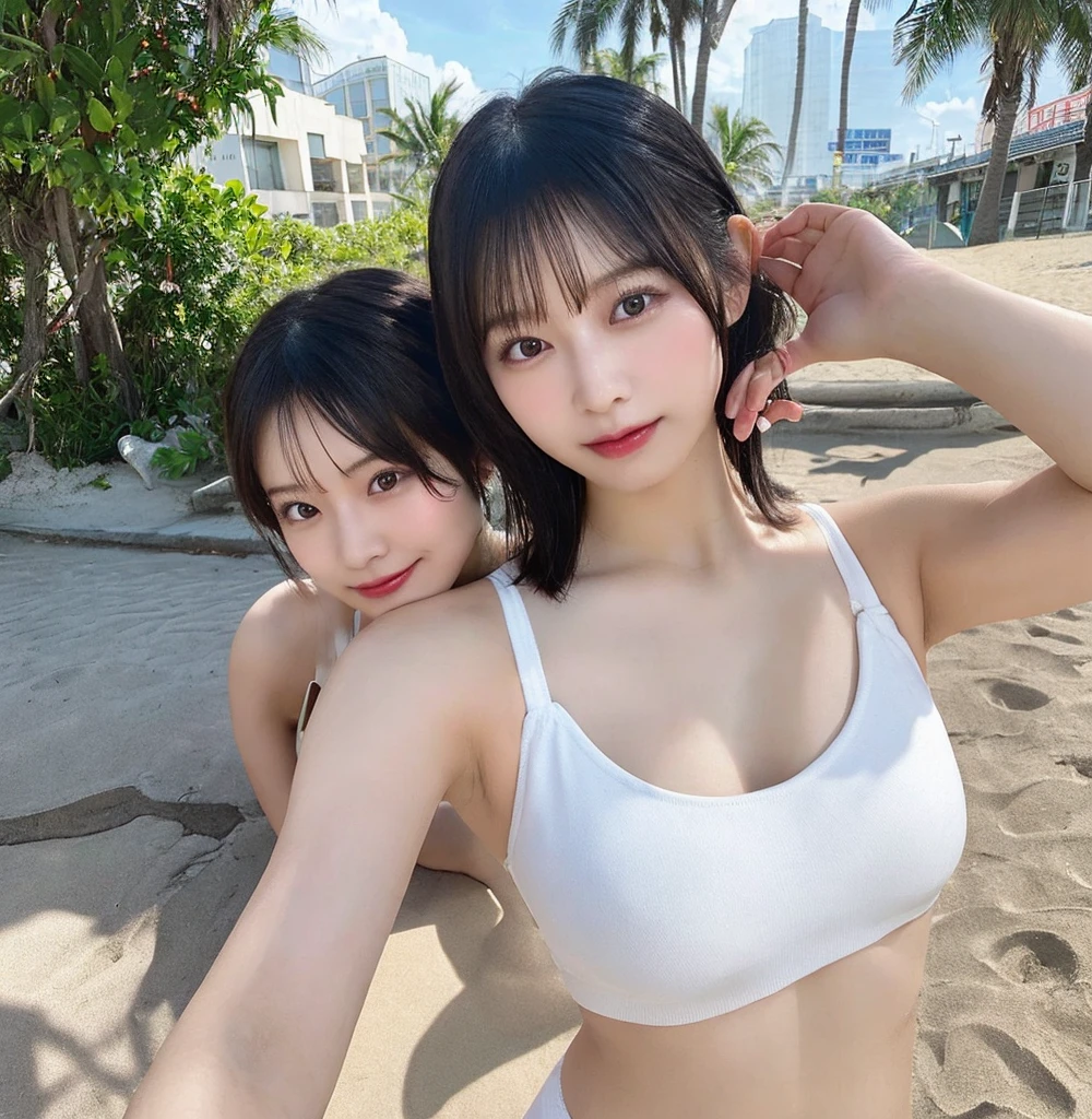 (((Shoulder length brown straight short bob)))、(((She has a Hawaiian beach in the background、Posing like a model at a hair salon.)))、(((Wearing a black micro bikini)))、(( huge breasts :1.2 ))、Half Japanese and Korean、18 year old girl、Independent、Look forward、Light eye makeup、Brown Hair Color、Flat 、Hair blowing in the wind、quality of actress、Shiny, Ultra-realistic faces、Smile expression、Moist eyes、look up、calming lighting effect、 Ultra-Realistic Capture、very detailed、High resolution 16K close-up of human skin。Skin texture should be natural、Must be detailed enough to see pores、skin is healthy、Must be even tone、Use natural light and colour、High-quality photos taken by a model agency's exclusive photographer、smile