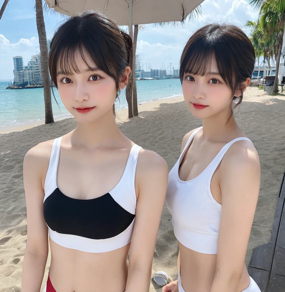 Two girls standing in front of a school classroom,White T-shirt,White panties、bangs,Short hair with low pigtails,from before,Front light,((15-year-old girl、thin、delicate、Sexy collarbones and flat chest、Very small breasts、Extremely thin))、My whole body was soaked、Clothes are wet and、Chest shows through