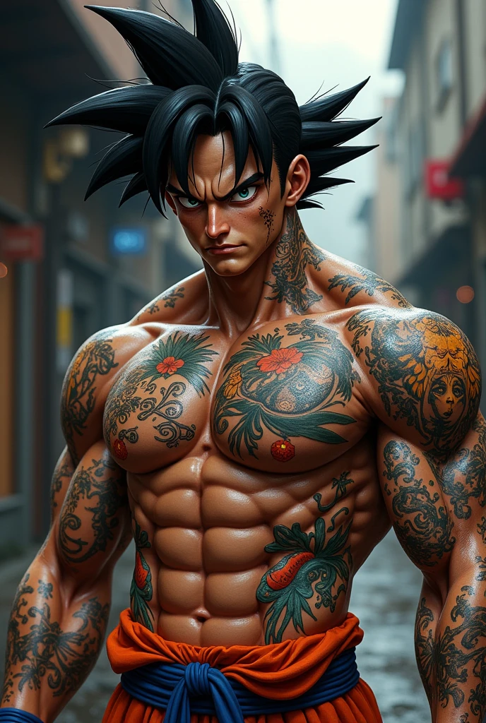 a close up of a man with a dragon tattoo on his chest, muscular character, 坏蛋动漫8 K, anime highly detailed, photorealistic human goku, detailed anime character art, detailed anime digital art, advanced digital anime art”, intricate ornate anime cgi style, muscular characters, human goku, male anime character, anime style hyper detailed, anime character, epic anime style