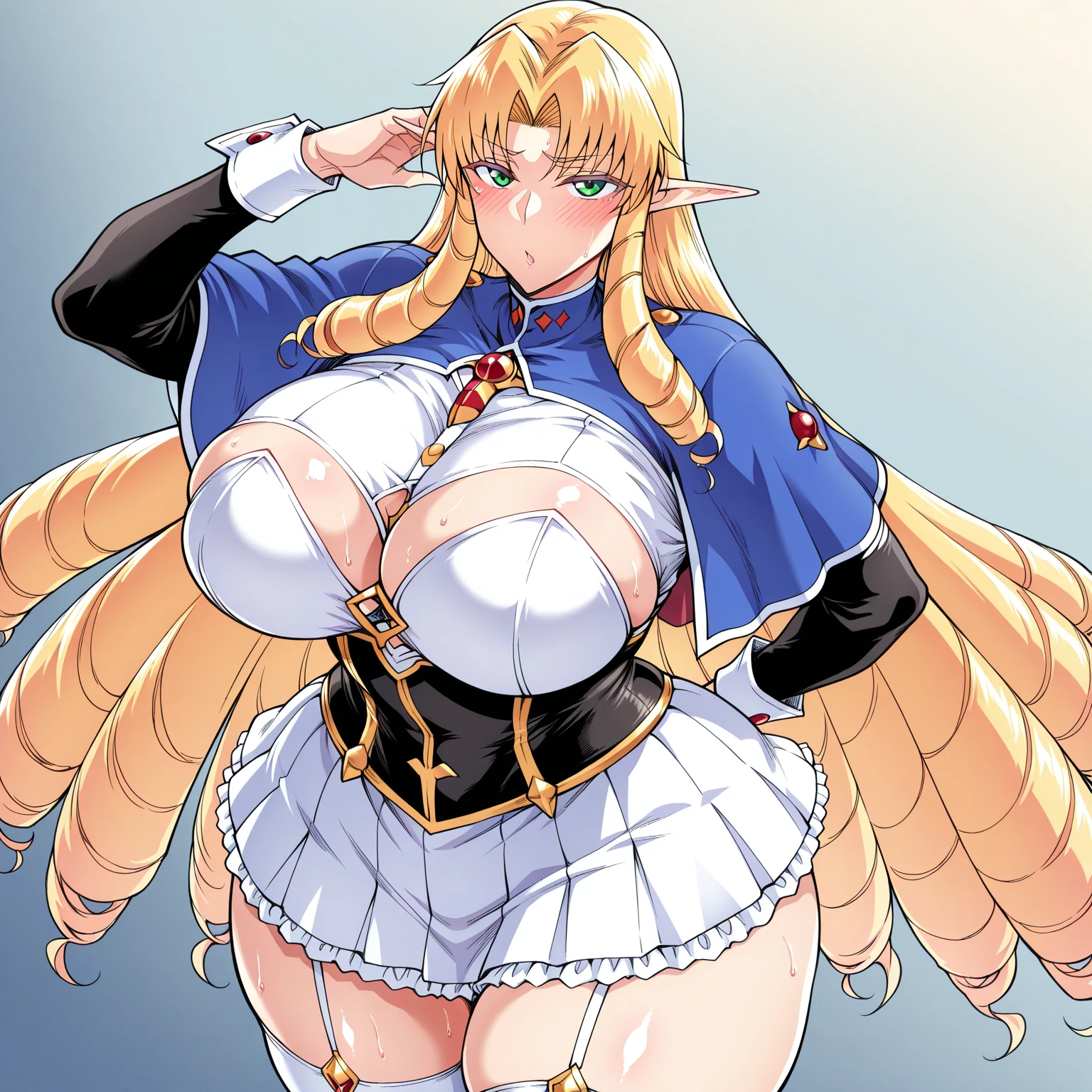 a beautiful detailed portrait of Kudelia Aina Bernstein from Gundam IBO, (Whole body view:1.3), yellow blonde hair in single thigh-length braid, 1/4 walking pose, viewing from slightly below, smirking facial expression, dress lifted revealing tight white thigh high boots and a glimpse of red thong underneath, round hips, highly detailed, intricate details, cinematic lighting, spaceship hangar Bay interior