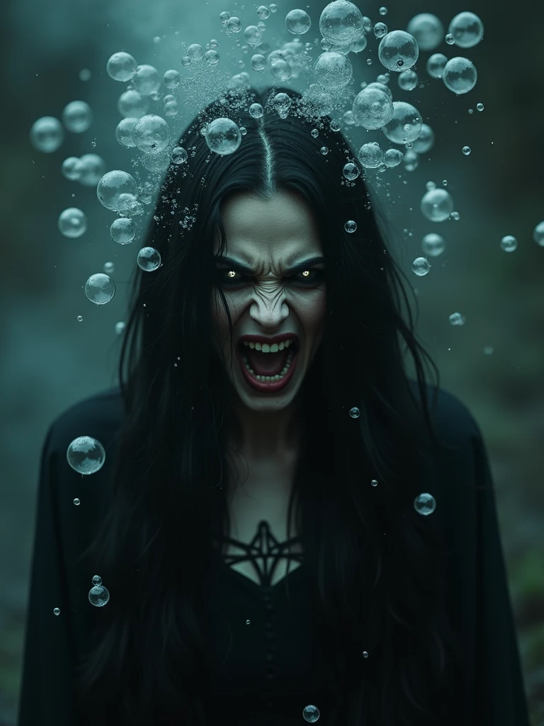 3 scary women, long greasy hair, scaly skin and webbed fingers, terrifying, horror in river, with snow in the background, their heads are in close-up