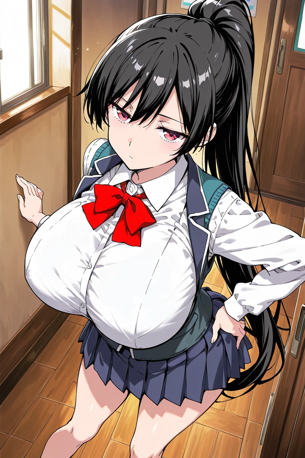 ((best quality)),((highly detailed)),masterpiece,absurdres,detailed face,beautiful face,(detailed eyes, deep eyes),1girl,((dynamic pose)), sana, purple hair, long hair, solo, red eyes, , open mouth, bow, large breasts, chalkboard, classroom, cowboy shot, school, indoors,desk, angry, looking at viewer, wearing white tanktop, put your hands behind your head, armpits, armpits visible, sweaty armpits,