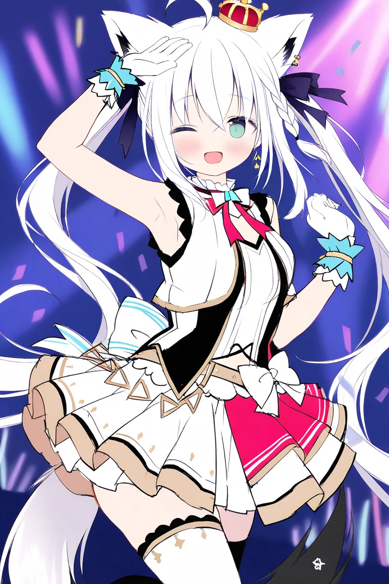 32k, 1girl, solo, long hair, looking at viewer, blush, smile, open mouth, bangs, thighhighs, gloves, dress, holding, standing, yellow eyes, purple hair, ahoge, grey hair, multicolored hair, horns, alternate costume, fang, white gloves, armpits, arm up, official alternate costume, streaked hair, standing on one leg, demon girl, demon horns, bike shorts, single thighhigh, microphone, skin fang, holding microphone, idol, idol clothes, hololive idol uniform,