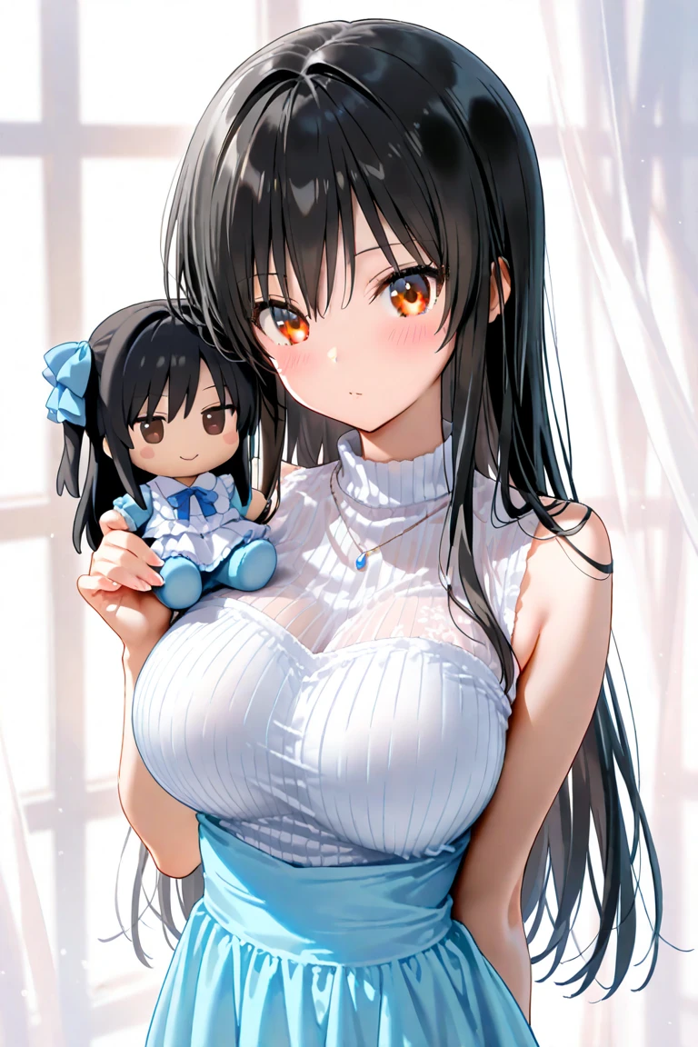 Woman brown hair blue eyes big breasts wearing a transparent baby doll