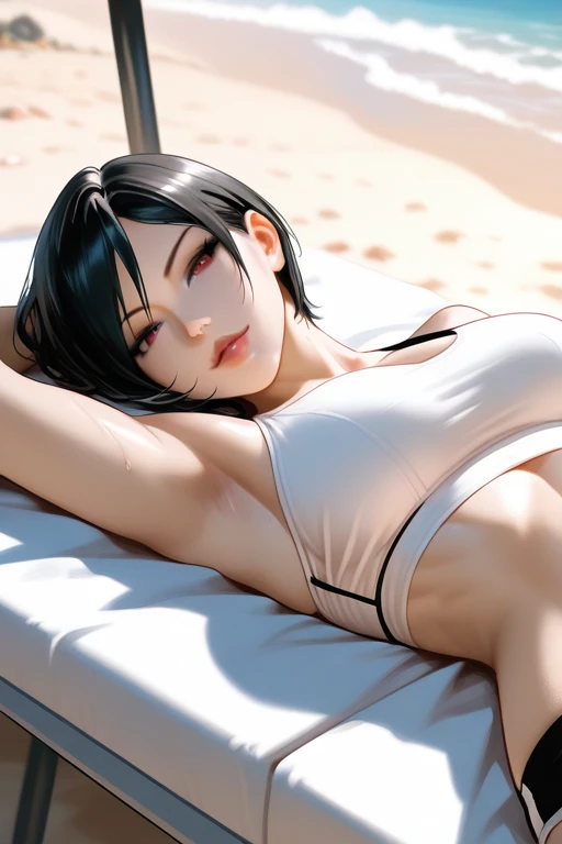 hyuuga hanabi, long hair tied low, hair band, hana, purple eyes, beautiful, beautiful woman, perfect body, perfect ???????, ?????, ??????????????????, bedroom, bed, sitting on the bed sleeping, looking at the viewer, slightly smiling, realism, masterpiece, textured skin, super detail, high detail, high quality, best quality, 1080p, 16k
