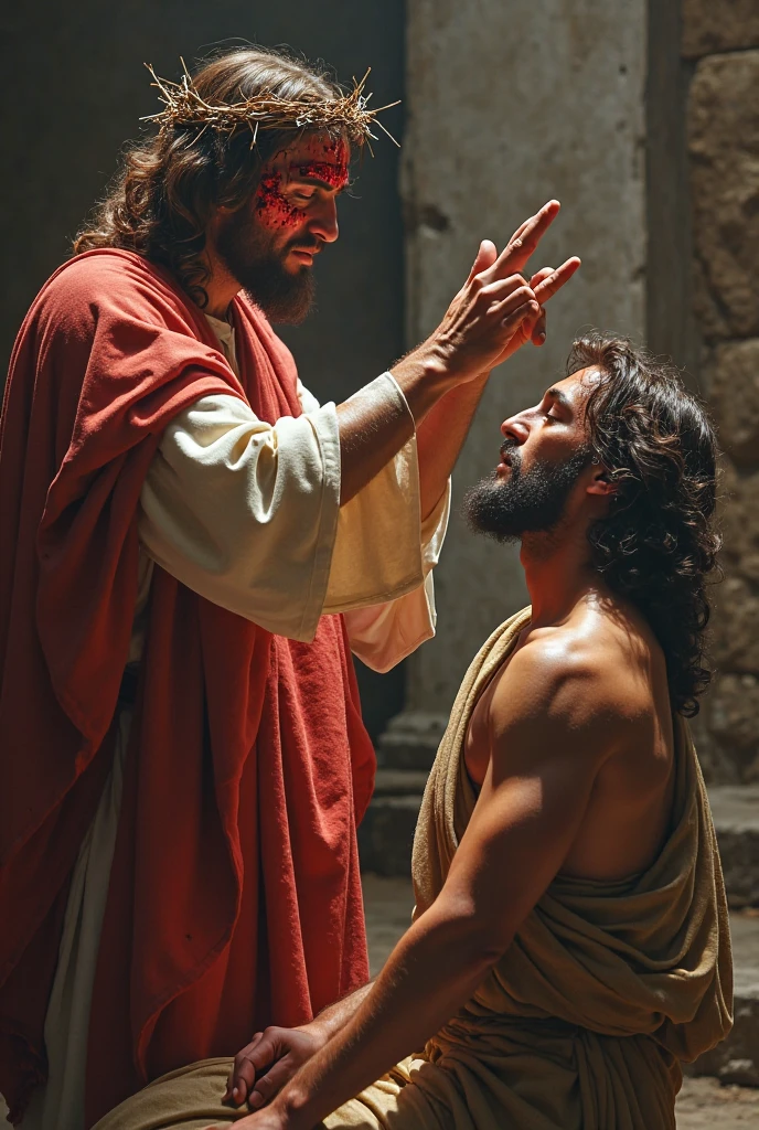 An image of Jesus Christ placing his hands on the wounds of a man sick with leprosy, full of large wounds with blood and pus coming out all over his body and face, and a frightened crowd watching the miracle and now he is healed.