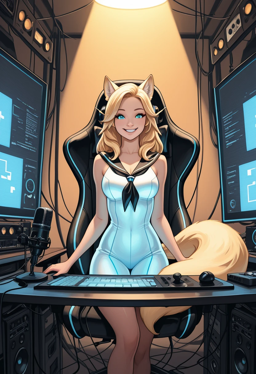 UHD, 2.5D illustration, retina, accurate, (anatomically correct), masterpiece, super detail, best quality, 8k, super detail, extremely precise in every detail, beautiful detailed glow, beautiful attention to detail, beautiful detailed eyes, a female radio personality sits in a gaming chair in a radio studio and speaks into a studio microphone, wears a "Sailor-Venus costume", long blonde twin-tail hair, a happy smile, bright lighting, lots of broadcast machinery in the background