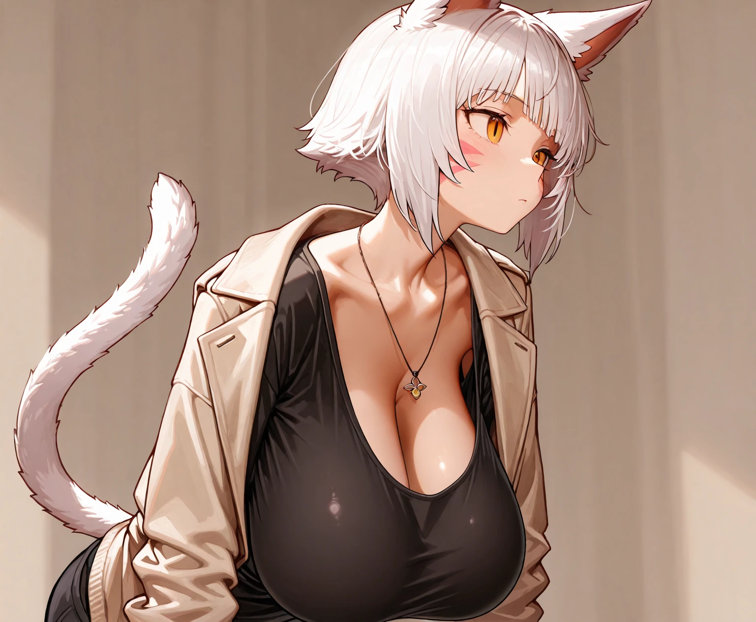 Girl, short white hair, white eyes, mouse ears, mouse tail, exposed belly, short skirt, big breasts