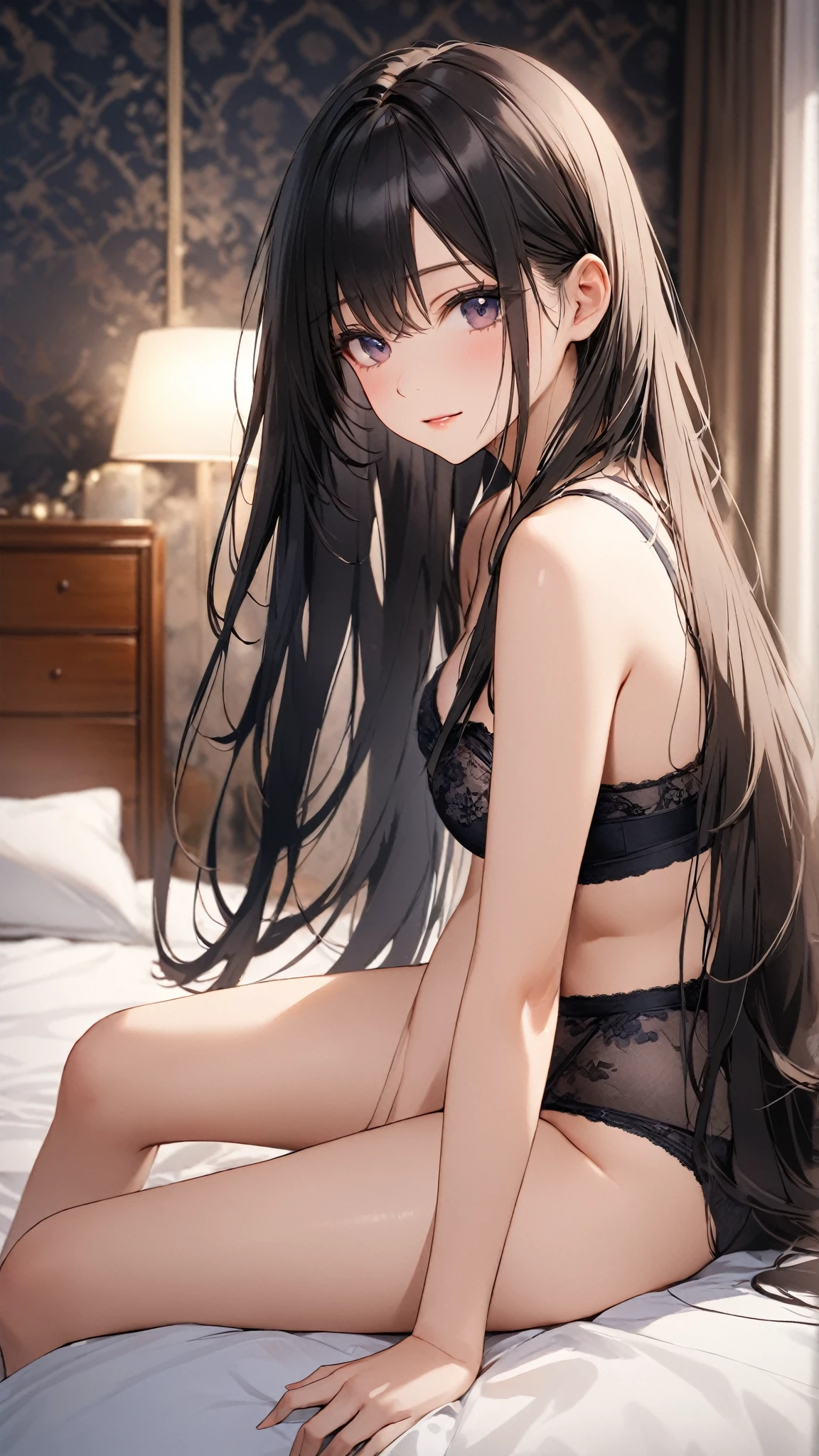 (Best Quality,High resolution,8K,finelity detailed background,Masterpiece:1.2),beautiful girl,Shiny khaki hair,messy hair,Khaki Eyes,Gentle look,A refreshing look,Best quality,Best Quality,Aesthetic and aesthetic:1.2,Best details((Super detailed))(High-definition CG illustrations),Glamorous black underwear (black,intricate lace),Slender body,Midnight,Moonlight,Bedroom,On the bed,smile,blush,cute,Scrounge,Looking up,Being spoiled,super model,wariza,shoot from side