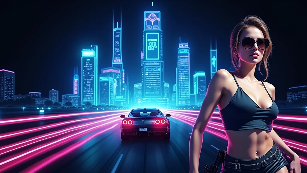Futuristic cityscapes with colorful all-glass outlined towering skyscrapers with lightning, flying vehicle. High-resolution OLED GUI interfaces in the building, The windows are filled with transparent data visualization infographics that show it all, from weather patterns to traffic flow. Colors are saturated and vibrant. At night, (1girl, solo, alone), photorealistic, large-breast slim:0.6 body, oval:0.5 face, cleavage:1.1, very low angle view of pleated miniskirt, deep-v, (upskirt), glove, (Matrix style black micro sunglasses), dynamic running pose, (half-body thigh level close-up shot), cinematic lighting, ray tracing, motion blur background.