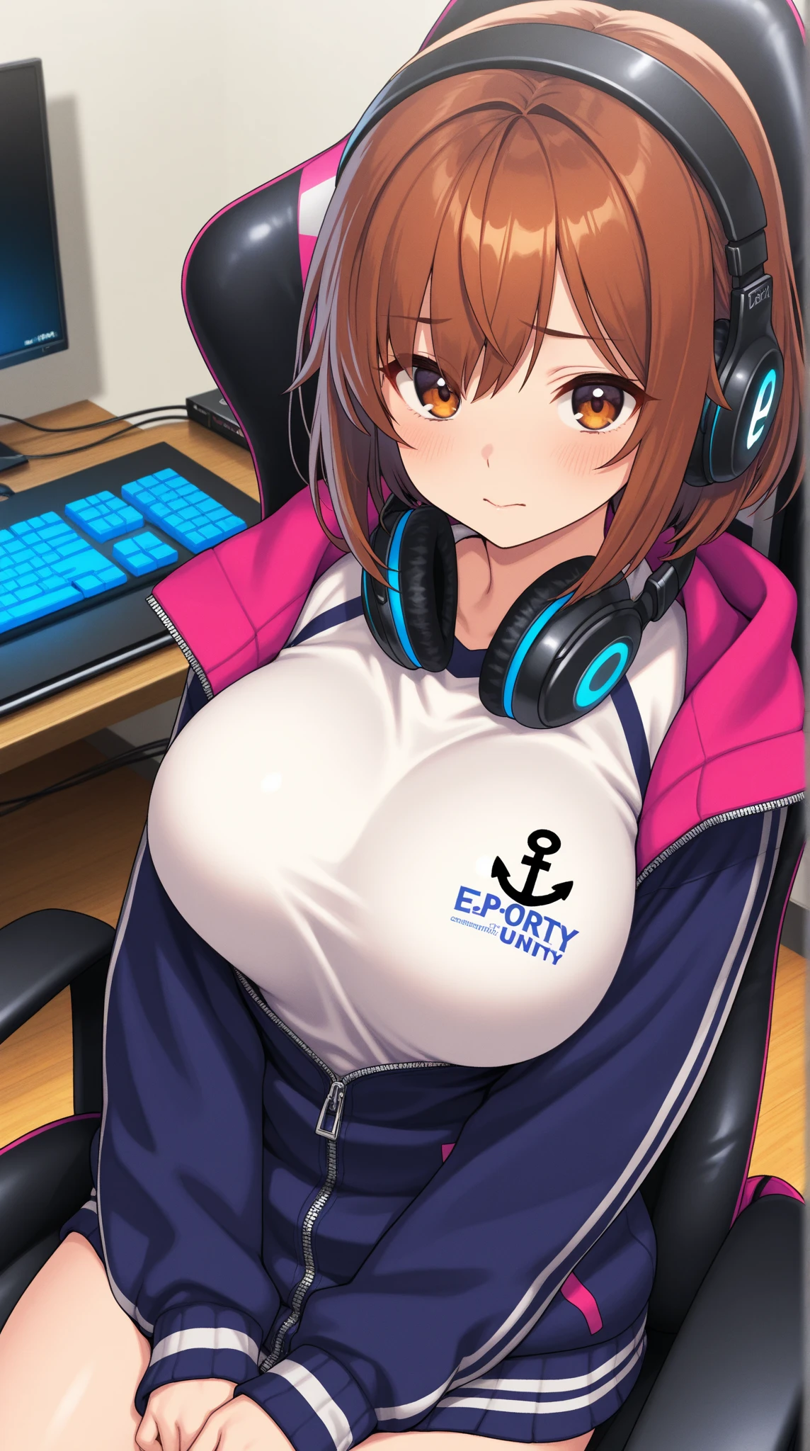 score_9, score_8_up, score_7_up, D.va from overwatch, 1girl, 1male out of frame, , Big perky breasts, oversized hoodie, looking up, exhausted, (blowing large white transparent cum bubble), cum dripping, (white transparent bubble), seductive, sweaty, paizuri, detailed background, night, moonlight, inside, office, shot from above, smile, duo, titjob