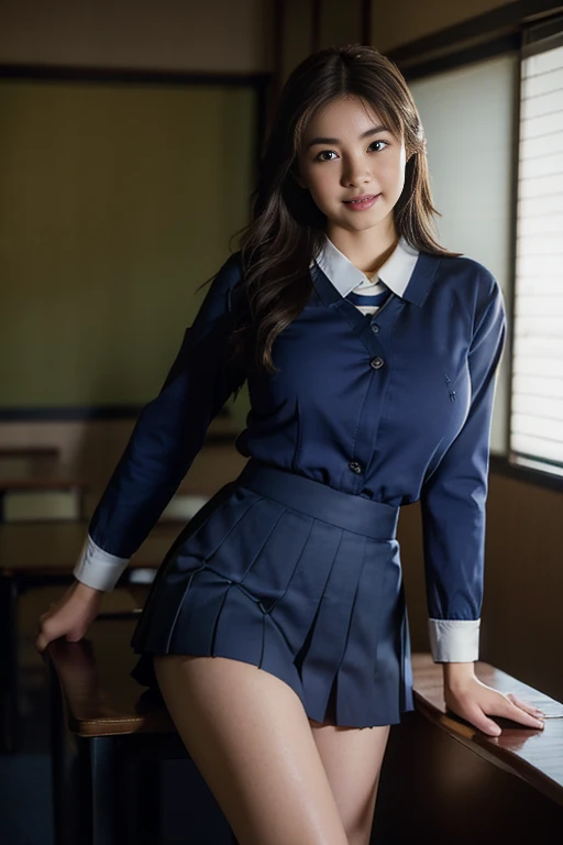 (1 person), (Sexy look:1.5), (Flat Chest:1.3), (Very detailed目, Very detailed顔), (超Realistic, High resolution), (Highest quality:1.4), (super high quality), Realistic skin texture, RAW Photos, (Realistic, Realistic:1.37), Very detailed, Professional photography, (school uniform, Pleated skirt:1.3), (look at me), (School, classroom), ((Meet face to face:1.4)), (From below:1.3), Realistic private parts, Lace panties, Japanese 、超Highest quality、masterpiece、超High resolution、Written boundary depth、(Realistic:1.4)、(Award-winning photo、信じられないほどのmasterpiece:1.3) 、RAW Photosgraphy、Golden Ratio、Very detailedな CG Unity 8K 壁紙、Detailed and complex、original、High resolution、RAW Photos、(Perfect figure)、Detailed and complex、Digital single-lens reflex camera、Soft lighting、(Blur people in the background:1.1)、Sigma 85mmF/1.4、50mm Lenac Lighting、Hmph、Hyper Real、Color Grade, Rear View,From below:1.3), (((Holding the hem of her skirt, She spreads her legs to show off her real pussy.:1.4))),