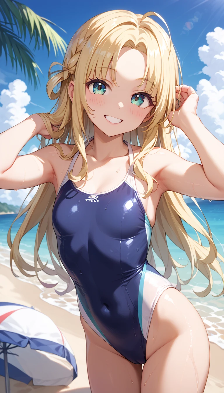 girl、solo、、swimsuit one piece、seductive pose、smile、beach、Playing with the waves on the beach、
