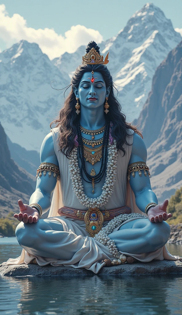 Hindu lord Shiva in blue skin meditating on the kailash
