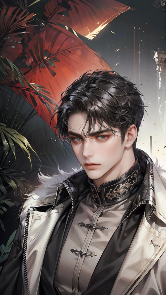"(The best quality,4k,8k,High Resolutions,Masterpiece:1.2),ultra detailed,(realist,fotorrealist,fotorrealist:1.37), Manhwa Art European 25 years old man, ivory skin, Messy hair jet black hair, piercing eyes, gray iris, Wear black coat, naked torzo, muscled body, lying on a bed, photo taken from above, athletic body, razor-sharp jawline, glare, Cold and mysterious character, whole body, athletic body, 8k, Detailed features, very handsome, Dreamy look on his face, bright illumination, blurred background, tattoos on arms, chest tattoos,