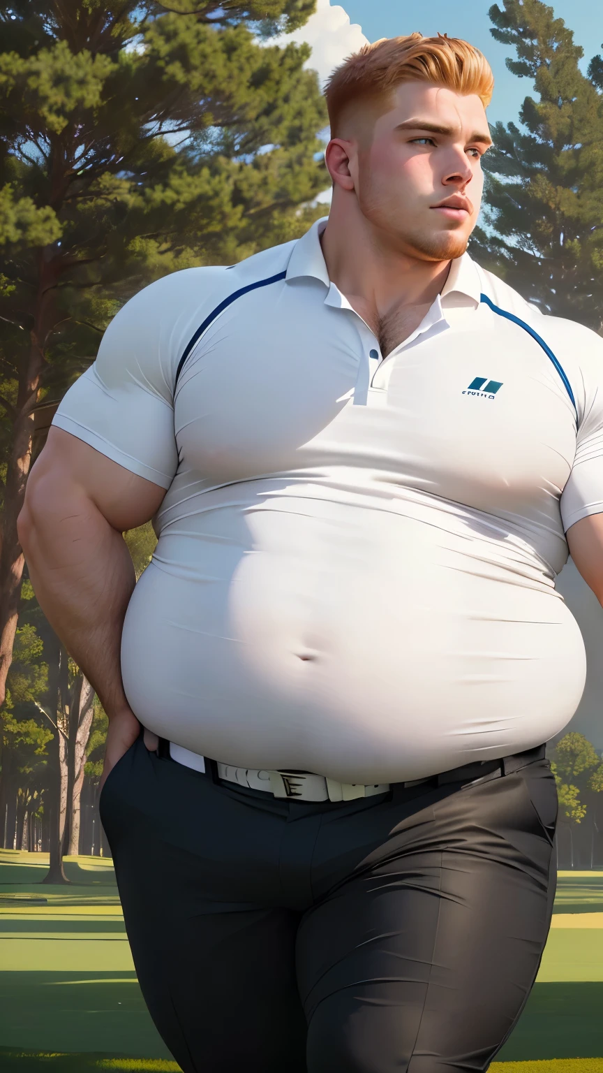 Obese athletes,, very handsome, blond hair, emaciated, whole body, Gray jeans