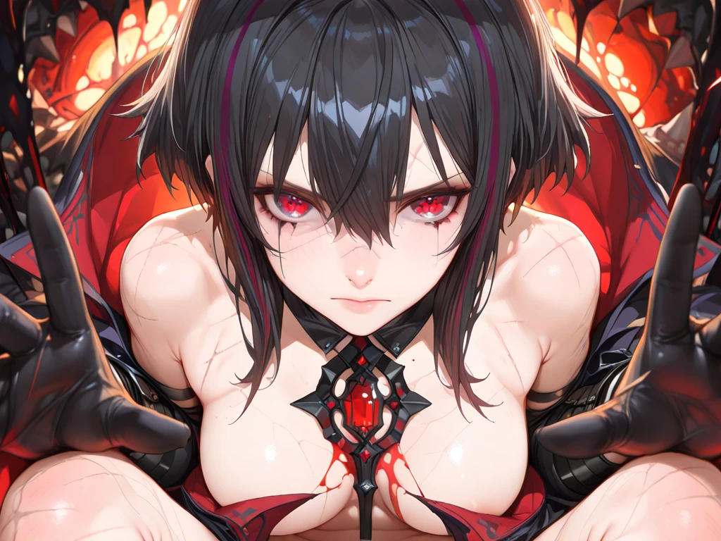 best quality, masterpiece, highres, solo, (misaki_bluearchive:1.10), evil grin, evil smile, grin, portrait, looking at viewer, big breasts, hand pushing under