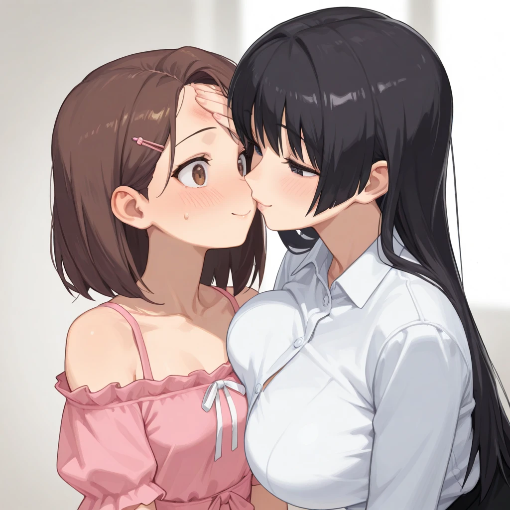 Side view NSFW:1.9 Naked::1.9 (Kissing face, pouting lips, closing eyes) 、BREAK,(Tall woman, black hair, short hair, ponytail:1.9 Swept-to-the-side bangs, beautiful, cute, big breasts, sweat, excitement, blushing),