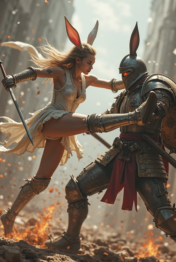 a large breasted girl is fighting with a sword against a knight, pale skin, taiwandolllikeness, taiwan, long hair, bangs, sagging breast, bikini